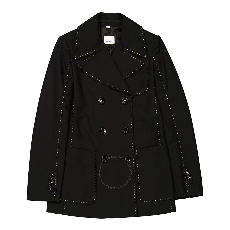 Burberry Ladies Black Topstitched Cotton Pea Coat, Brand Size 8 (US