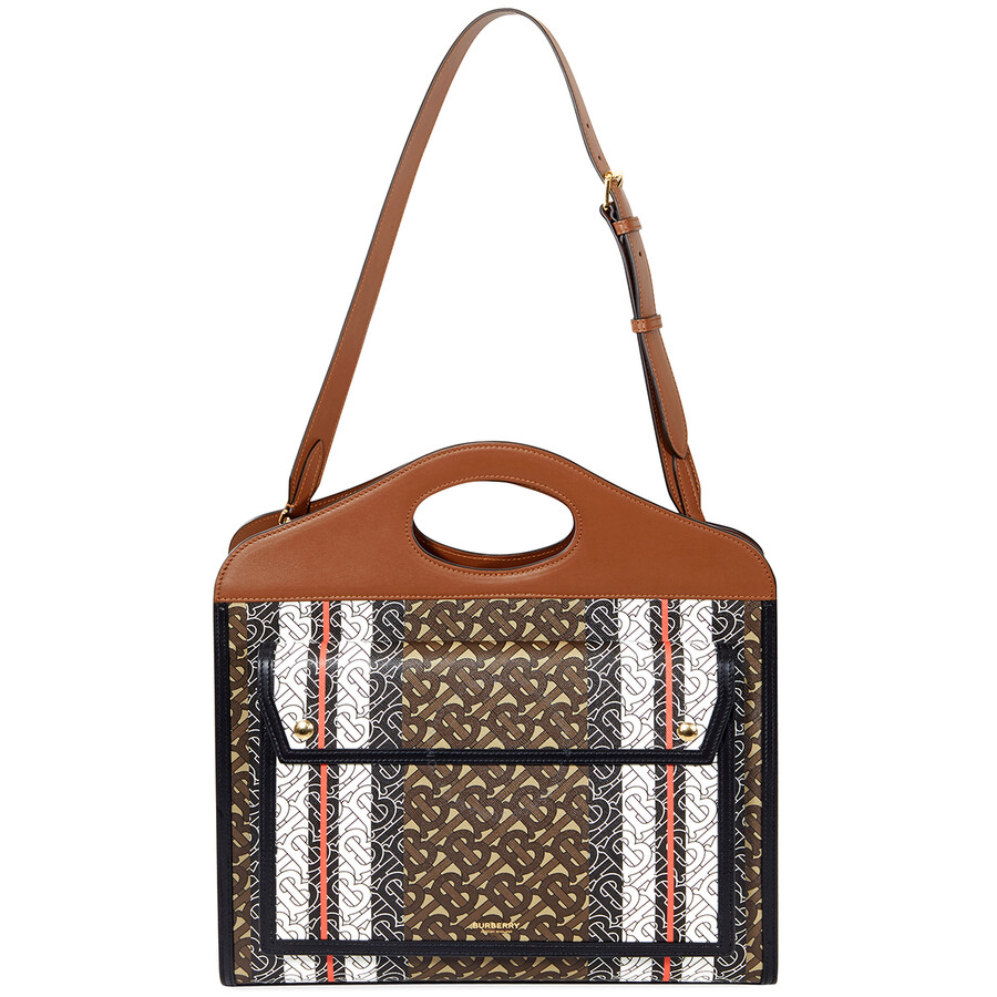 Burberry Ladies Medium Monogram Stripe Ecanvas Pocket Tote Bag 8019364