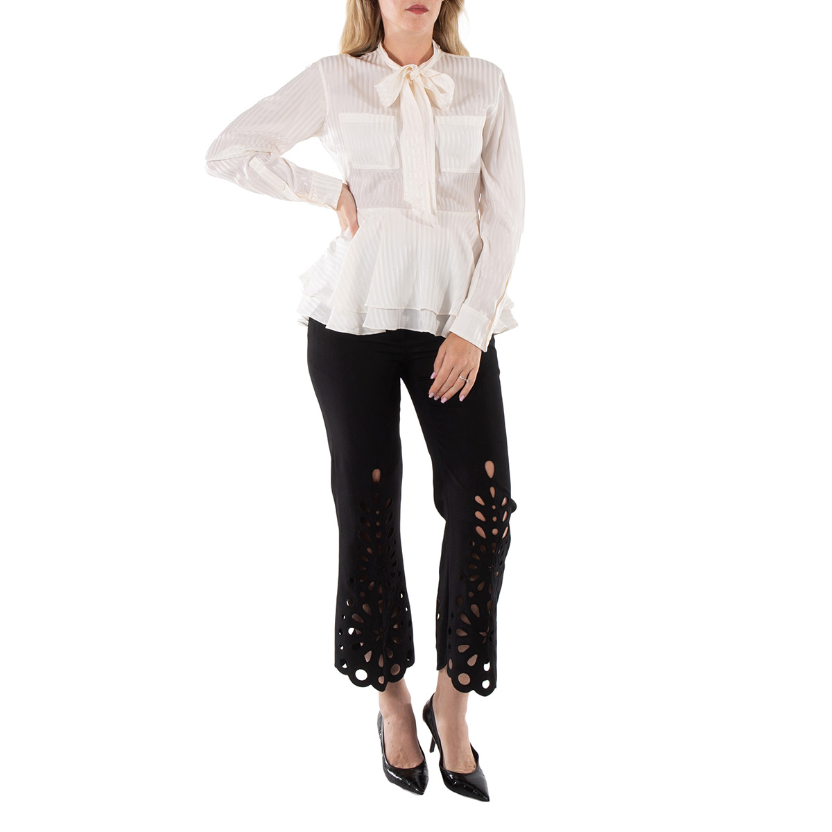 Umgee Full Size Ruffled Bow Print Tie Neck Peplum Blouse Plus Size