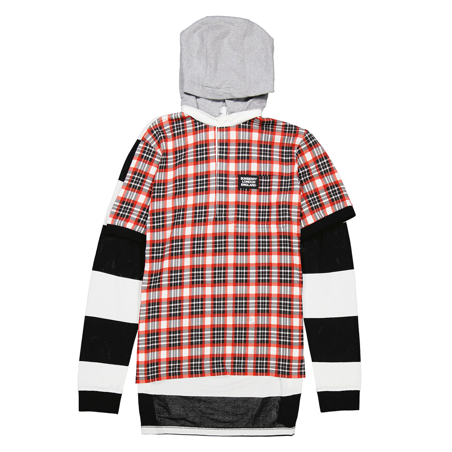 Burberry Men's Bright Red Plaid And Striped Cotton Remodeled Rugby Shirt, Size XSmall 4563886