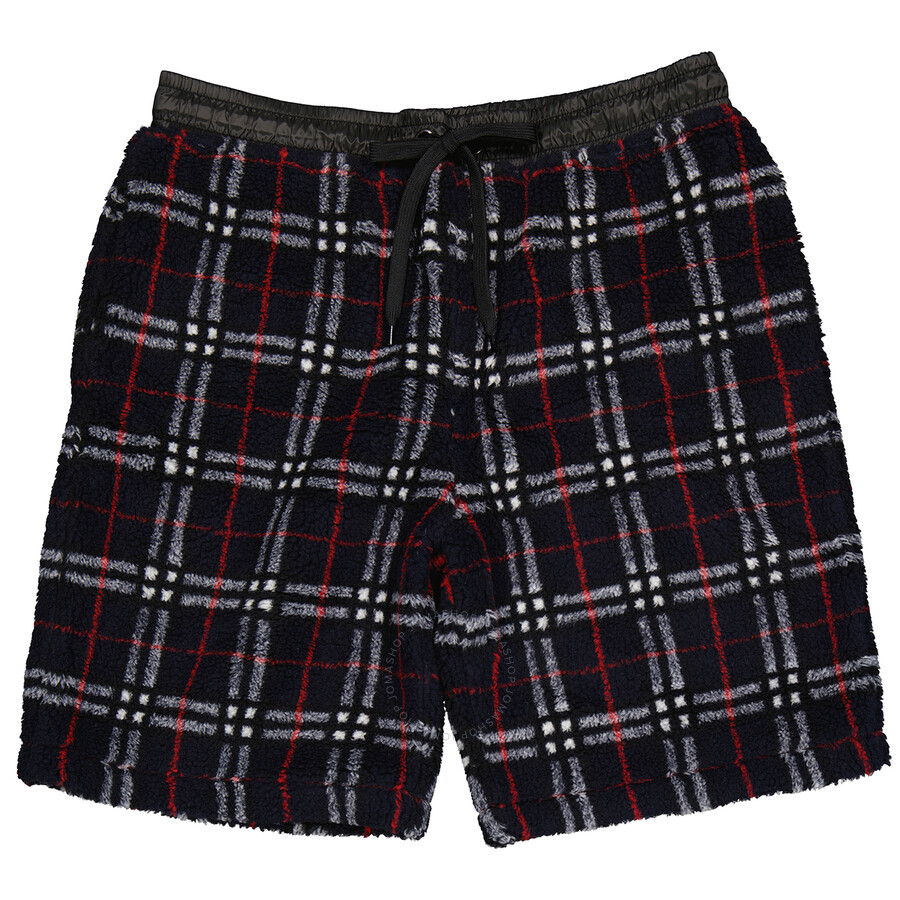 Burberry Men's Navy Vintage Check Faux Shearling Drawcord Shorts, Size