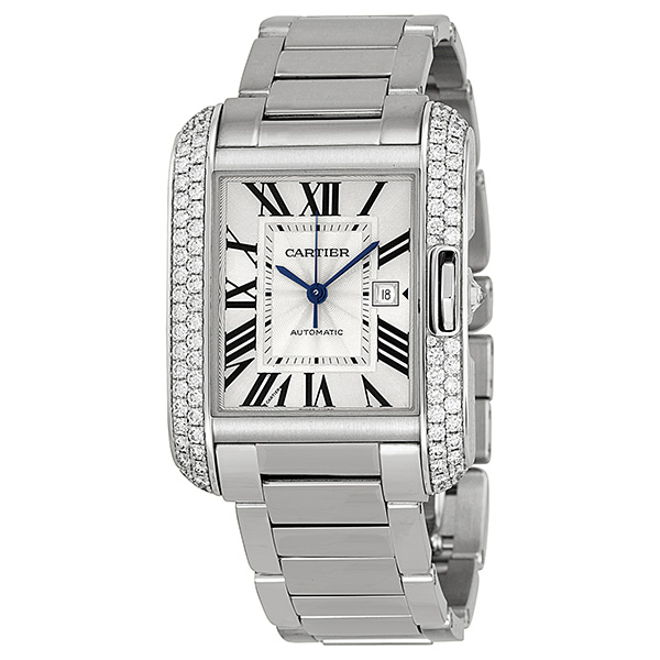 Tank Anglaise Silver Dial 18kt White Gold Diamond Ladies Watch