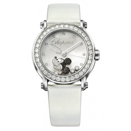 Happy Sport Diamond Mickey Mouse Silver Dial White Satin Ladies Watch
