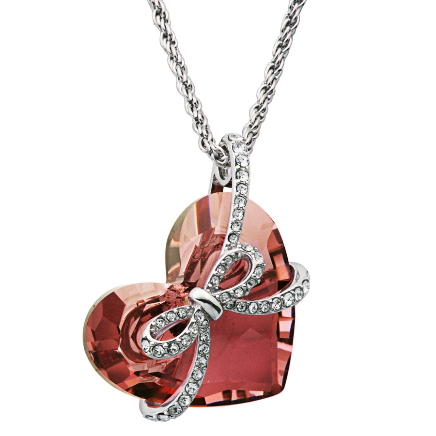 Fine Silver and Rhodium Plated Bronze Swarovski Crystal Heart and Bow Pendant Necklace, 18 in Silver-Tone