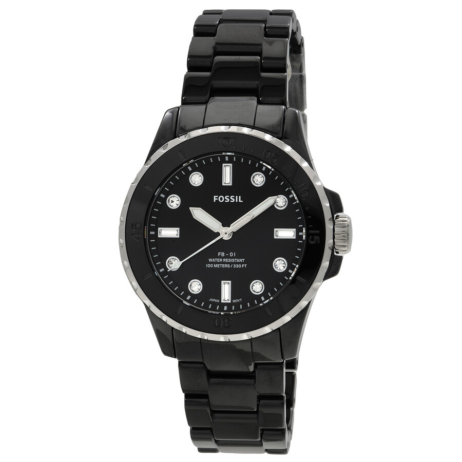 Fossil FB01 Quartz Crystal Black Dial Ceramic Band Ladies Watch CE1108