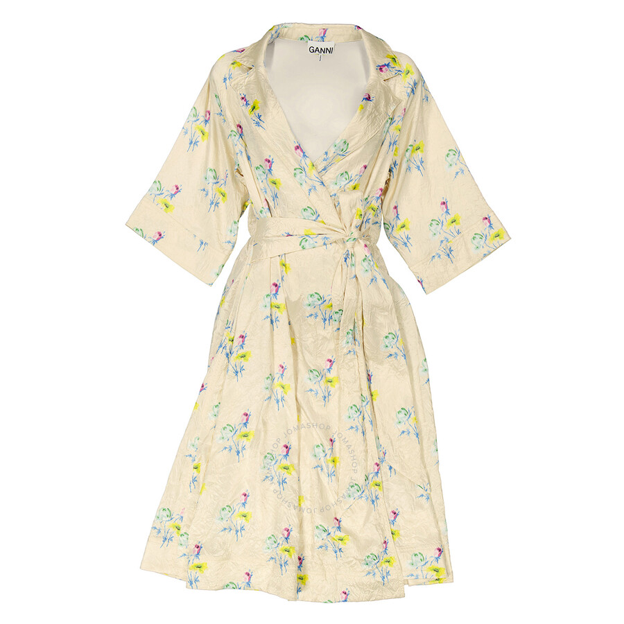 Ganni Ladies Floral Rutabaga/Yellow Floral Crinkle Wrap Dress, Brand