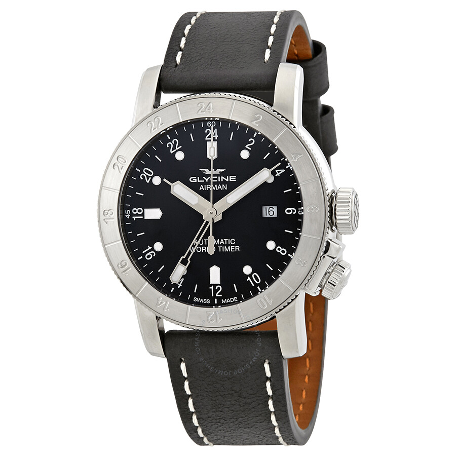 Airman Worldtimer GMT Automatic Black Dial Black Leather Men's Watch