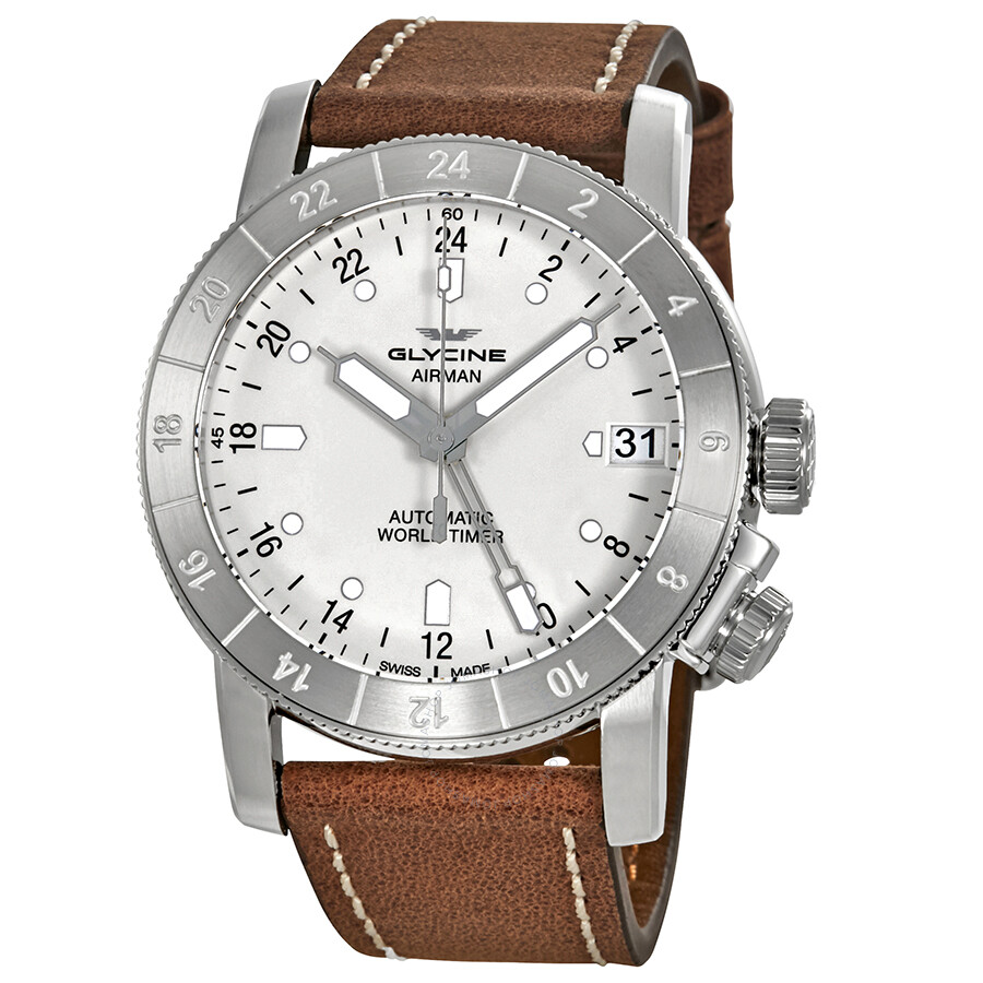 Airman Worldtimer GMT Automatic Silver Dial Brown Leather Men's Watch