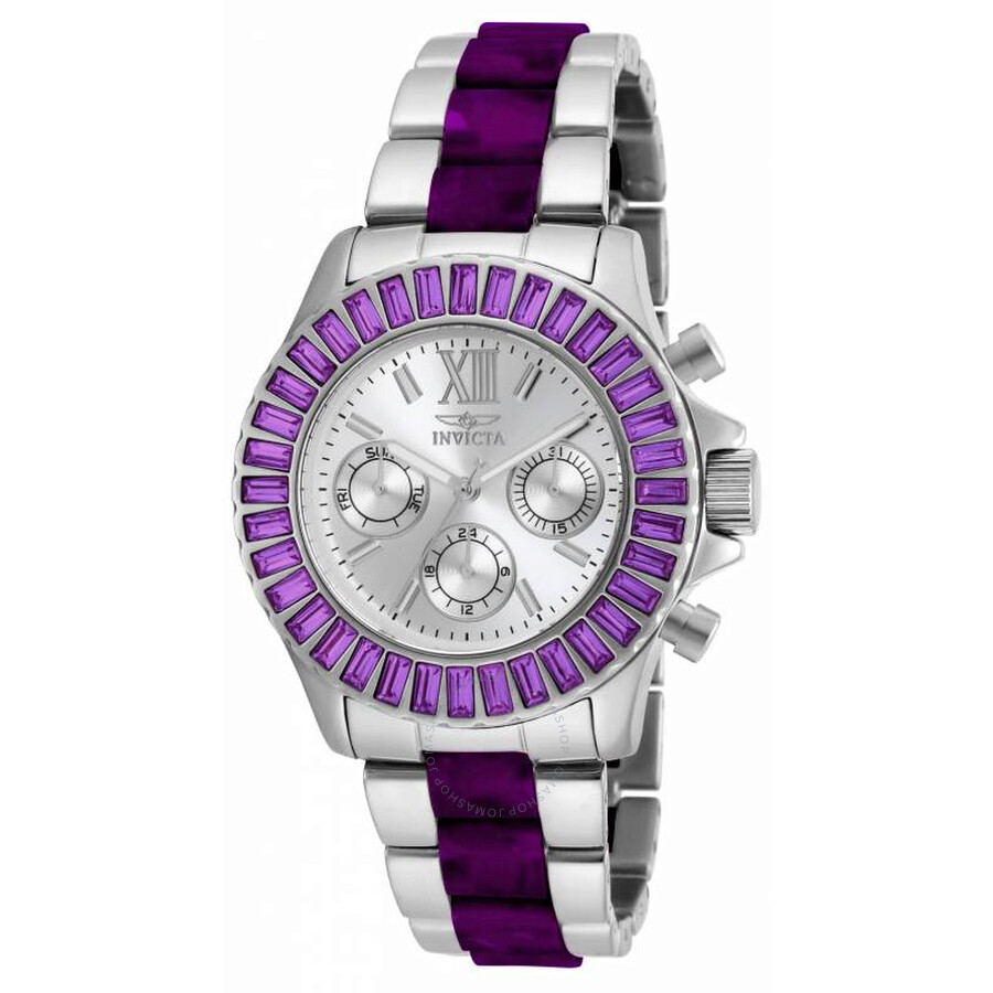 Angel Multi-Function Silver Dial Stainless Steel Purple Acetate Ladies Watch