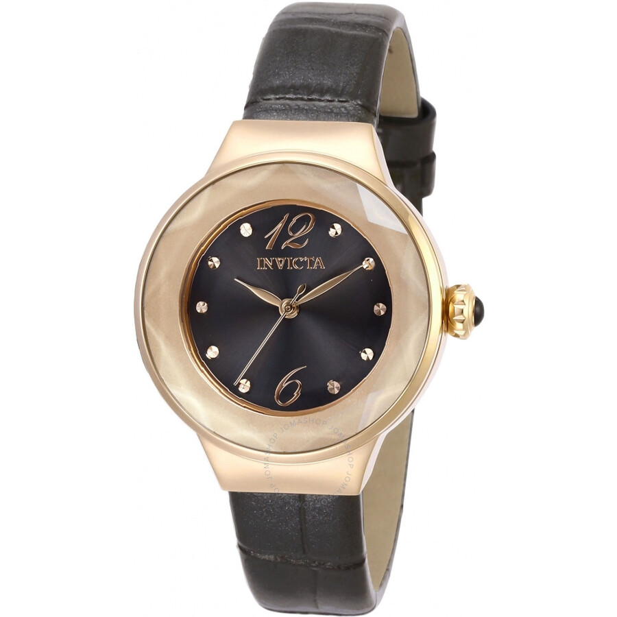 Angel Quartz Black Dial Black Leather Ladies Watch