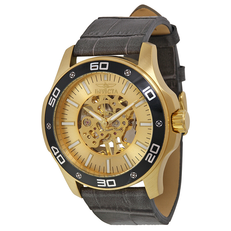 Specialty Gold Skeletal Dial Grey Leather Men's Watch