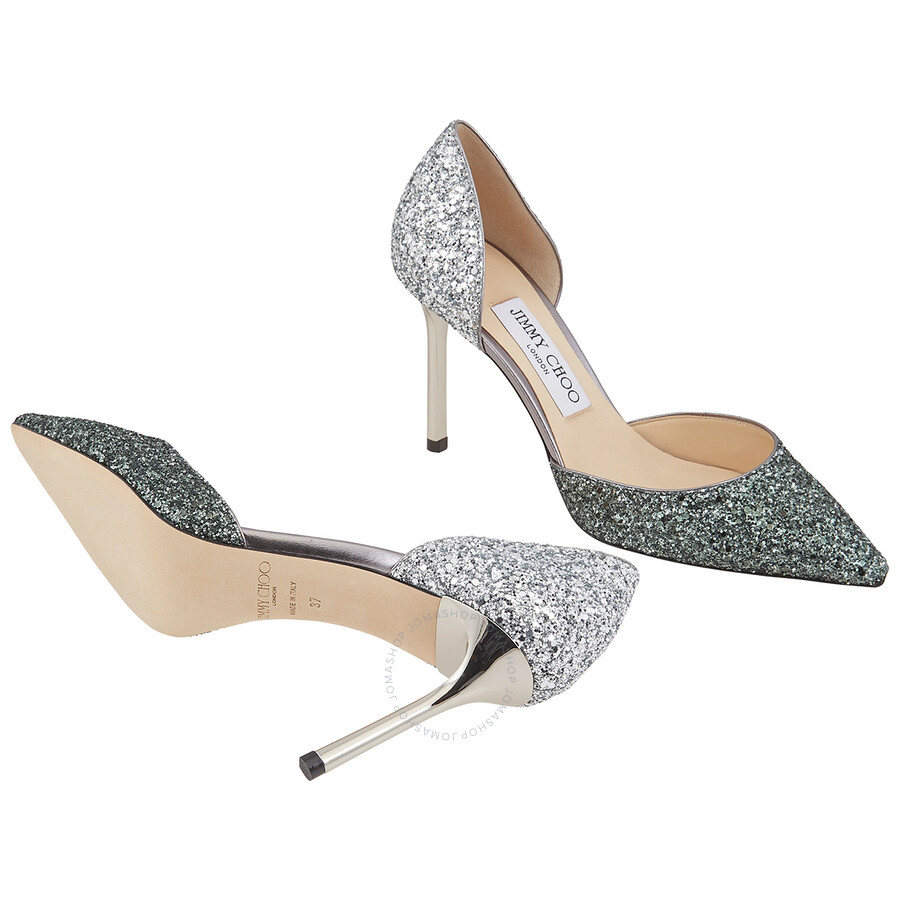 Jimmy Choo Dark Green/Silver Esther 85 Coarse Glitter Fabric And