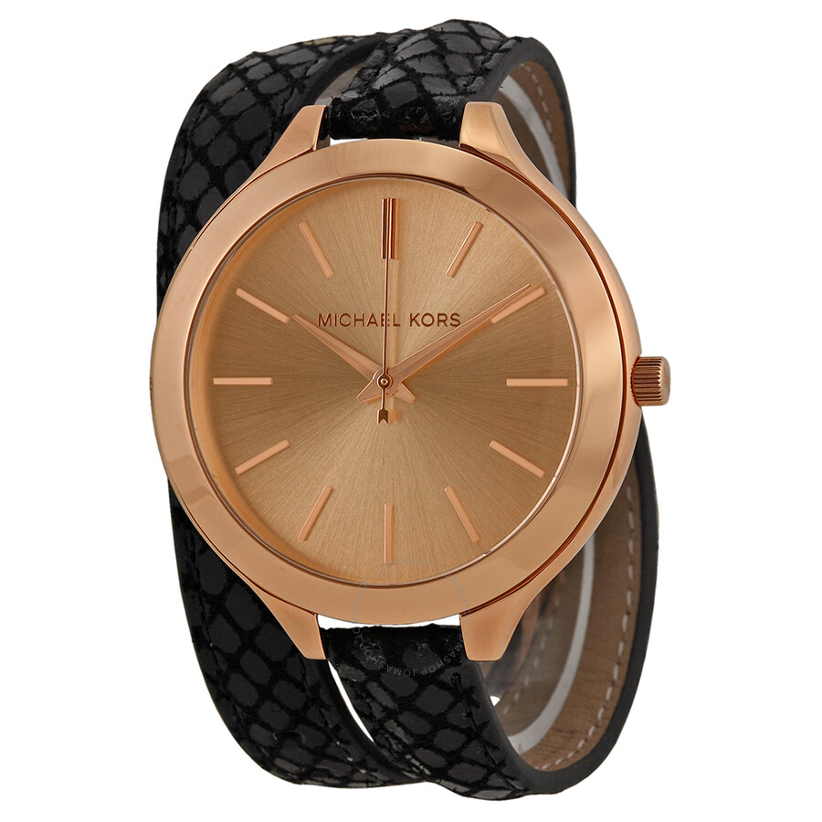 Slim Runway Rose Dial Black Embossed Leather Ladies Watch