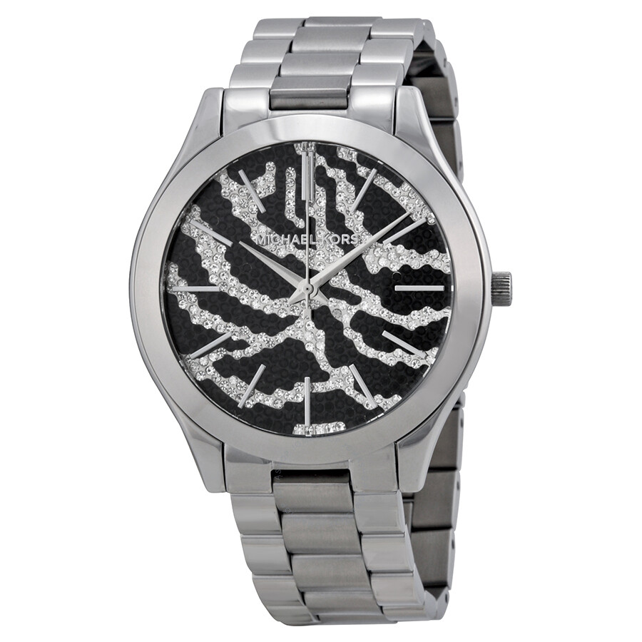 Slim Runway Zebra-pattern Crystal Pave Dial Stainless Steel Ladies Watch