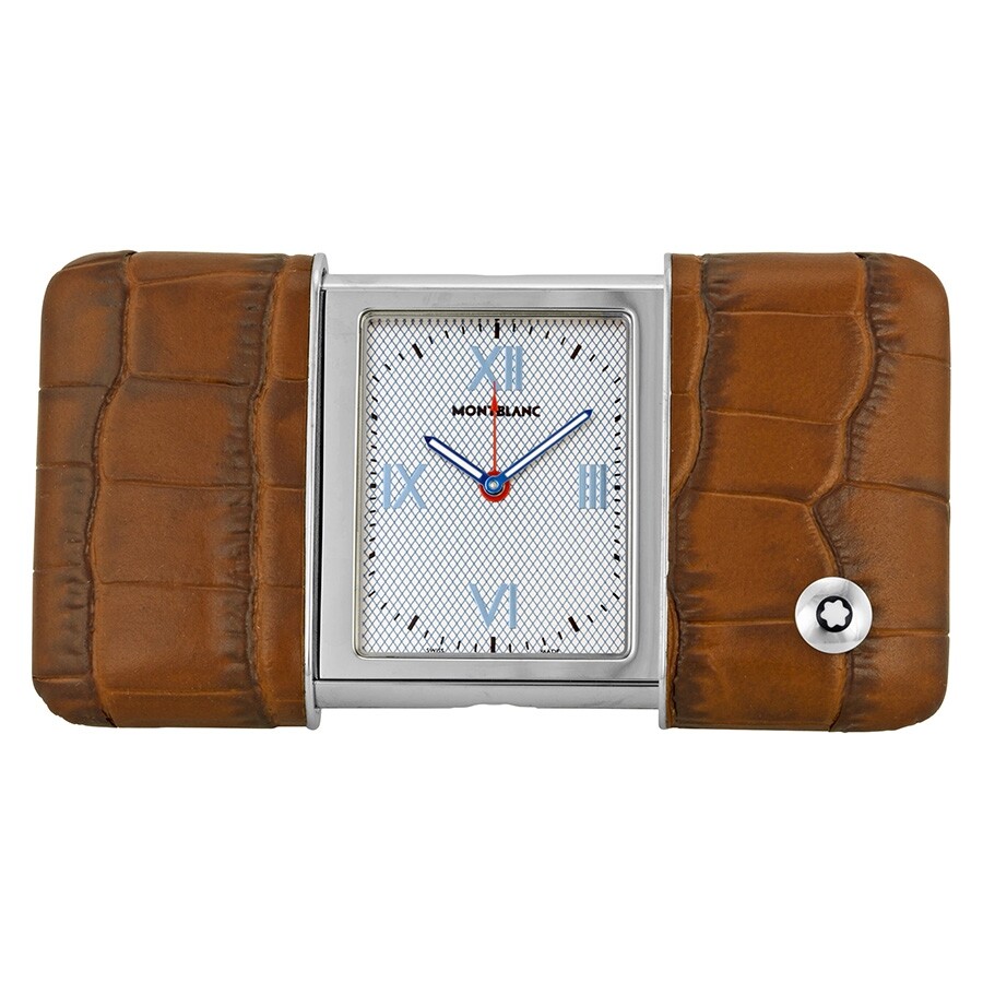 Montblanc Travel Sliding Blue Dial Brown Leather Case Travel Clock