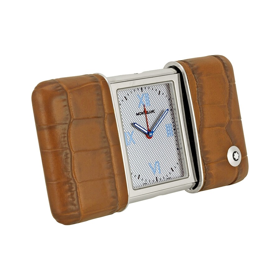 Montblanc Travel Sliding Blue Dial Brown Leather Case Travel Clock