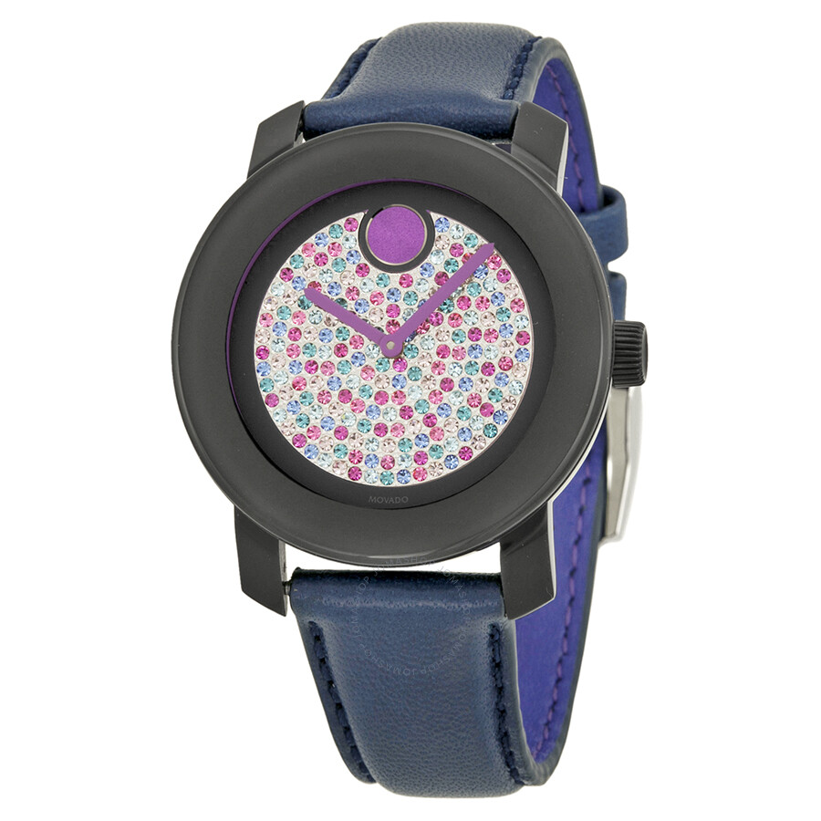 Bold Crystal Pave Dial Blue Leather Ladies Watch