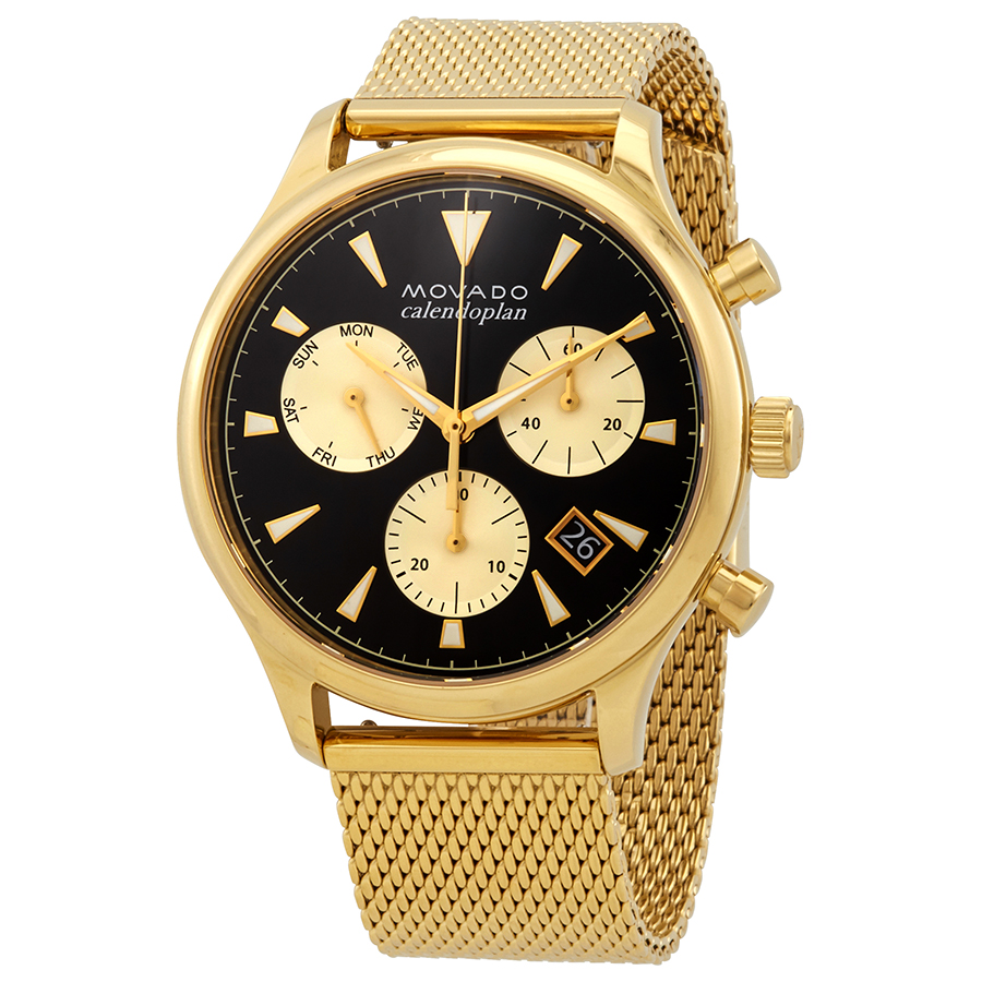 Movado Heritage Chronograph Quartz Black Dial Men's Watch 3650098, Quartz Movement, Stainless Steel Mesh Strap, 43 mm Case in Black / Gold / Gold tone