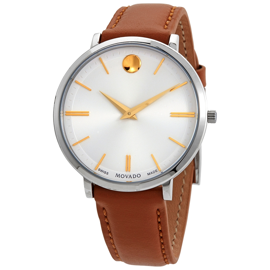 Movado Ultra Slim Black Dial Black Leather Strap Watch For Women -  0607095