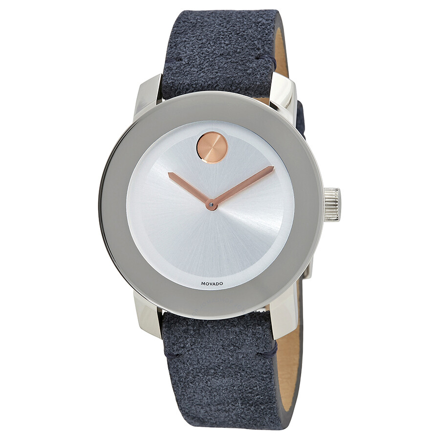 Open Box - Bold Silver Sunray Dial Blue Suede Ladies Watch