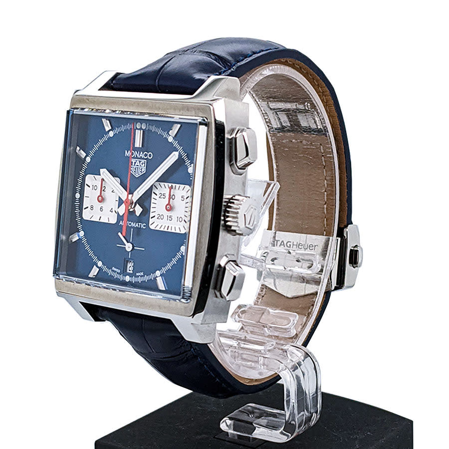 Pre-owned Tag Heuer Monaco Chronograph Automatic Blue Dial Men's Watch CBL2111, Automatic Movement, (Alligator) Leather Strap, 39 mm Case in Blue