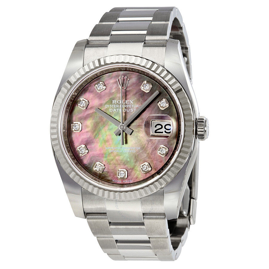 Oyster Perpetual 36 mm Black Mother of Pearl Dial Stainless Steel Bracelet Automatic Ladies Watch