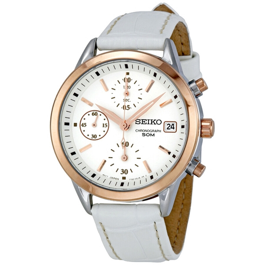 Silver Dial Chronograph White Leather Strap Ladies Watch