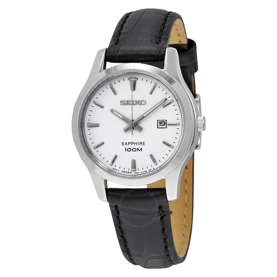 White Dial Black Leather Ladies Watch