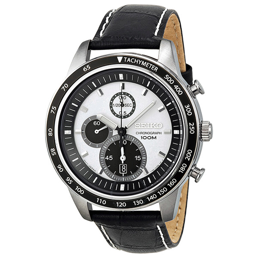 White Dial Chronograph Black Leather Men's Watch