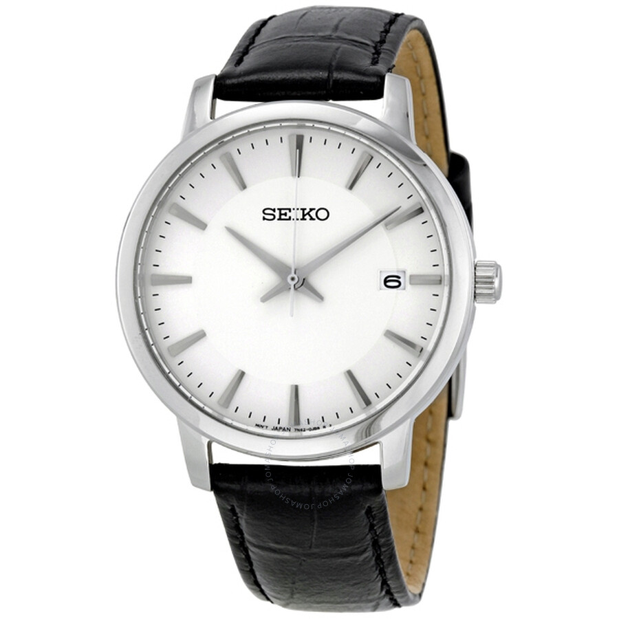 White Dial Stainless Steel Black Leather Men's Watch