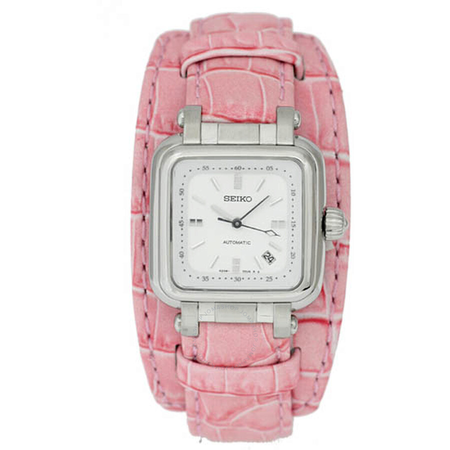 White Dial Stainless Steel Pink Synthetic Leather Ladies Watch