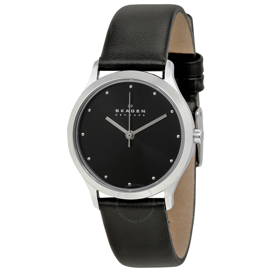 Jorn Black Dial Black Leather Ladies Watch