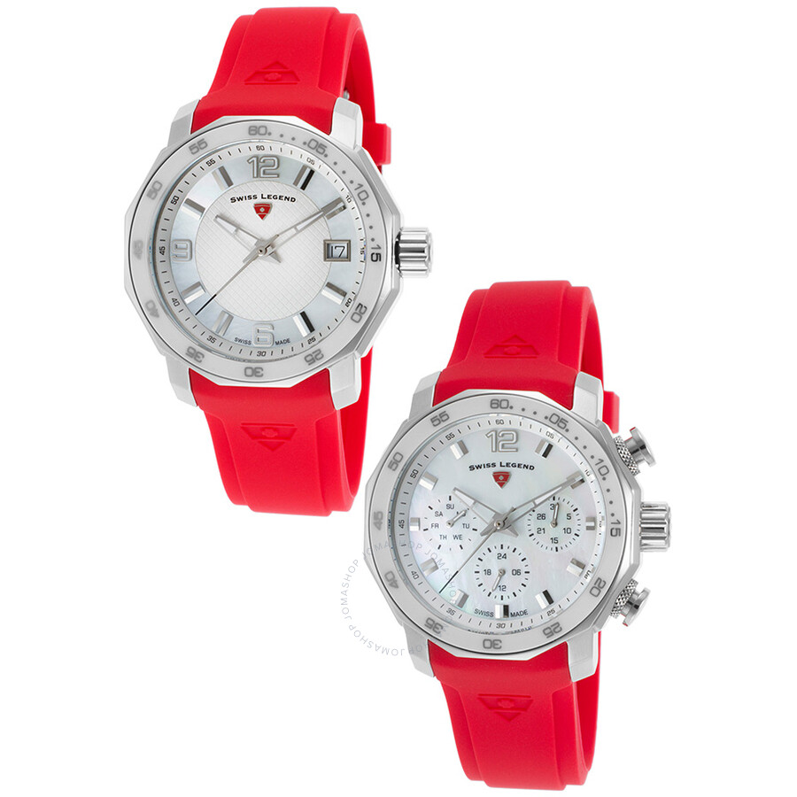 White Mother of Pearl Red Silicone Strap Watch Set