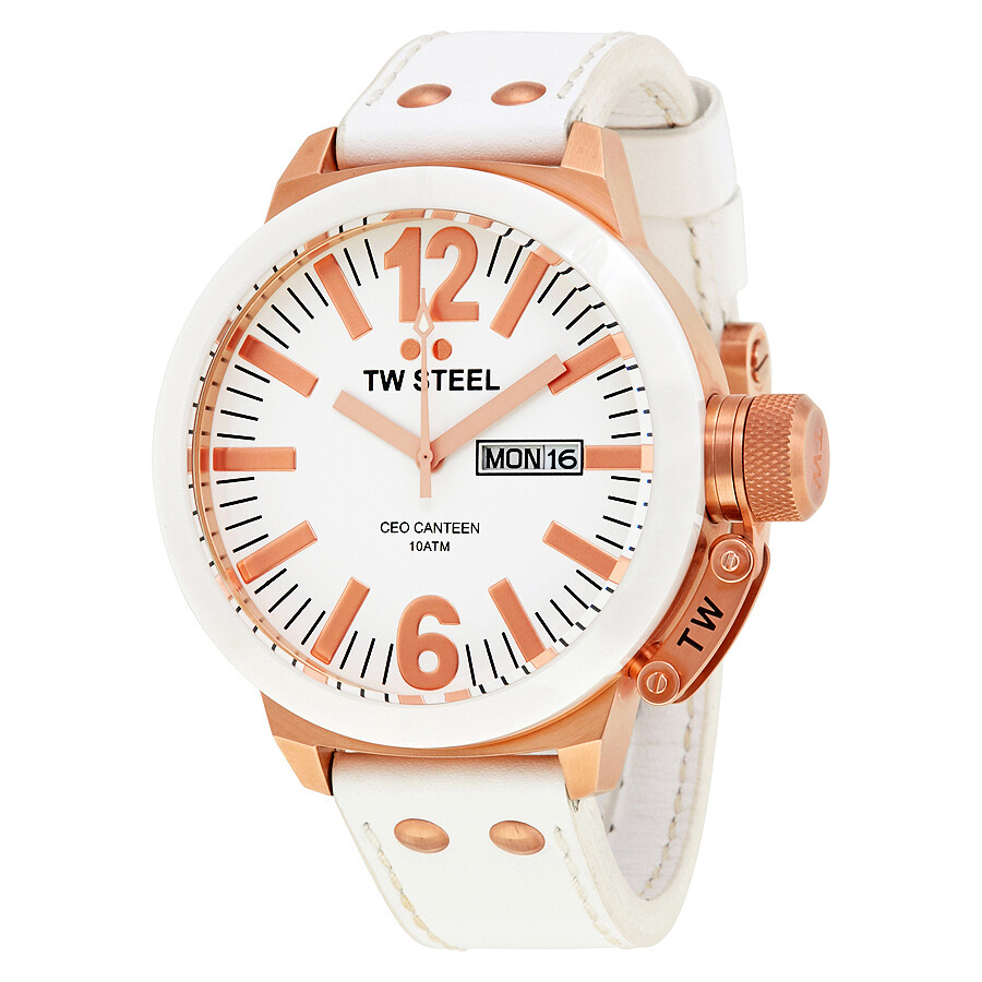 CEO Canteen 50 MM White Dial White Leather Strap Men's Watch