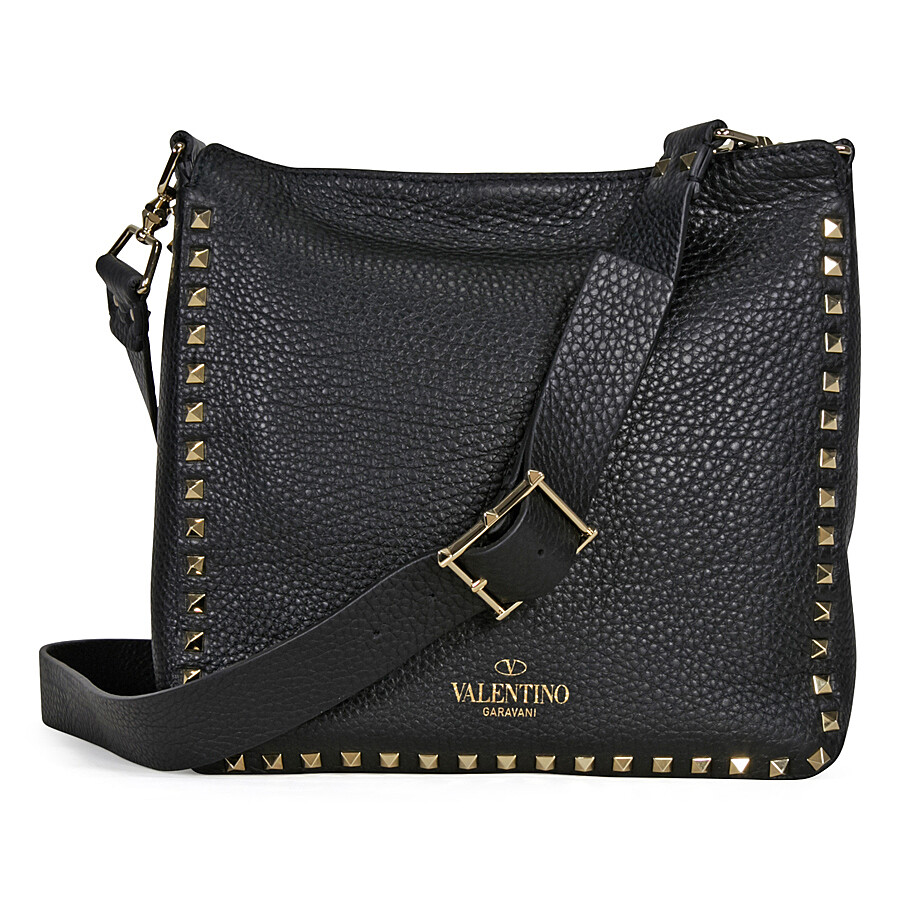 Valentino Garavani Rockstud Pebbled Leather Hobo Messenger Bag Black LW0B0940VSF0NO