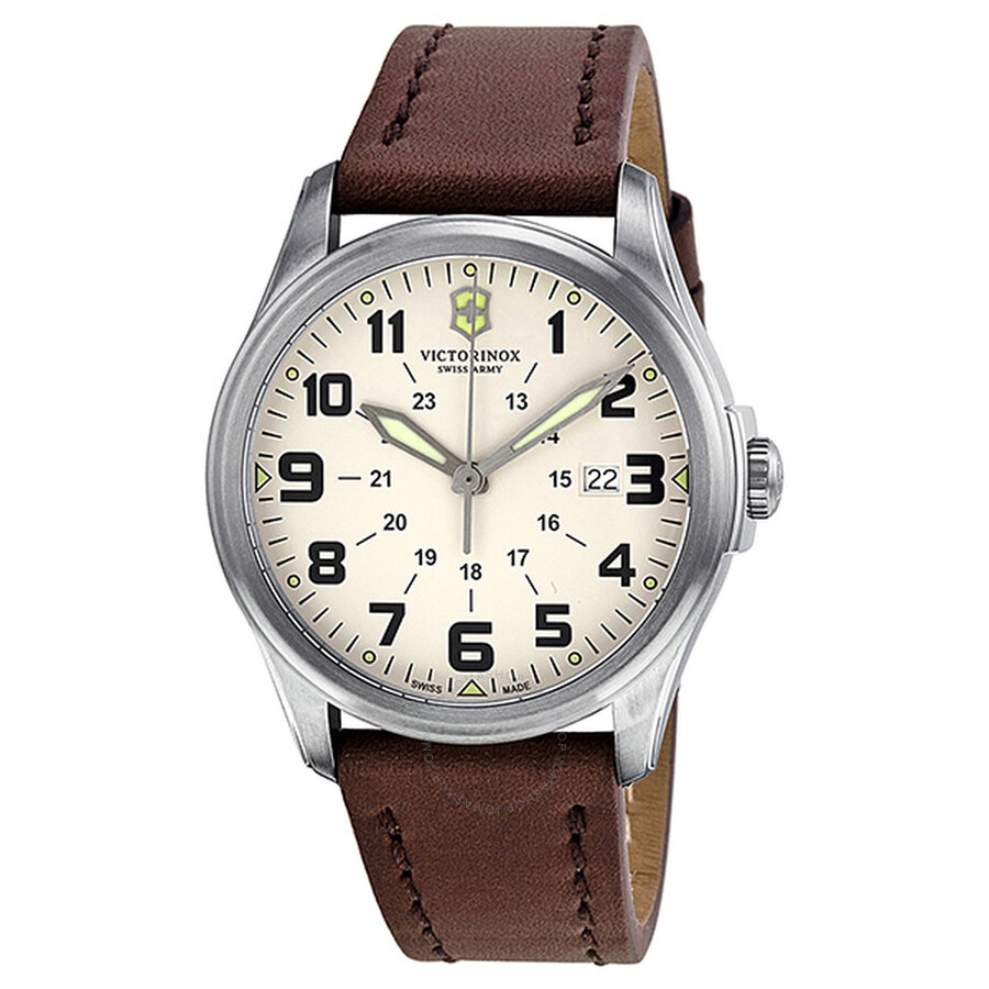 Vintage GMT Beige Dial Stainless Steel Brown Leather Men's Watch