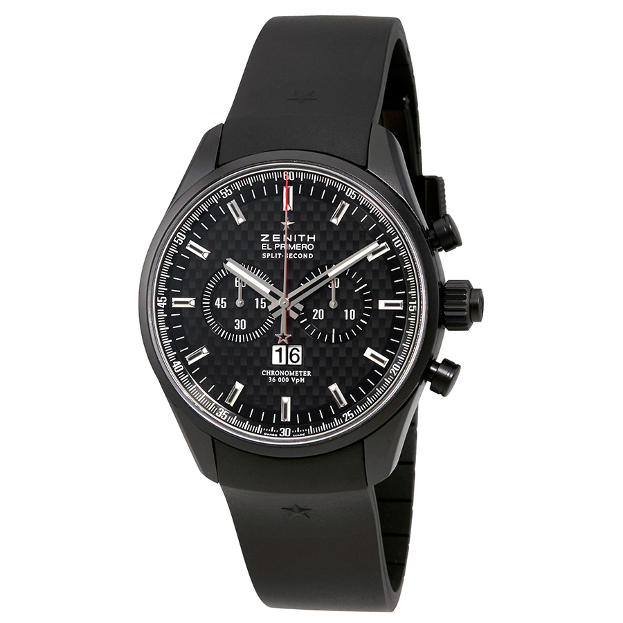 Zenith El Primero Rattrapante Black Dial Black Rubber Men's Watch  75.2050.4026/21.R530 75.2050.4026/21.R530 7613061016540 - Zenith, El Primero  - Jomashop