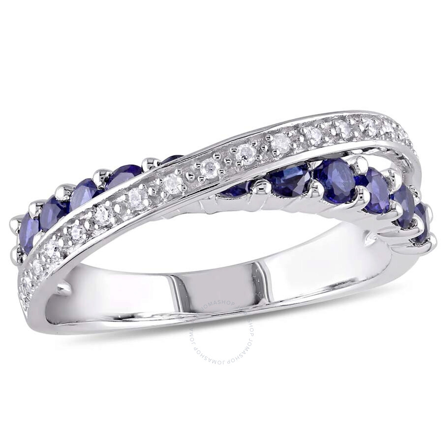 Shop Amour 1/10 Ct Tw Diamond And Created Blue Sapphire Crossover Ring In Sterling Silver In Blue / Pink / Silver / White