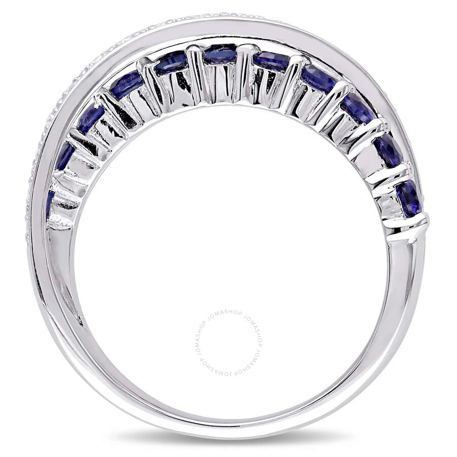 Amour 1/10 Ct Tw Diamond And Created Blue Sapphire Crossover Ring In Sterling Silver In Blue / Pink / Silver / White