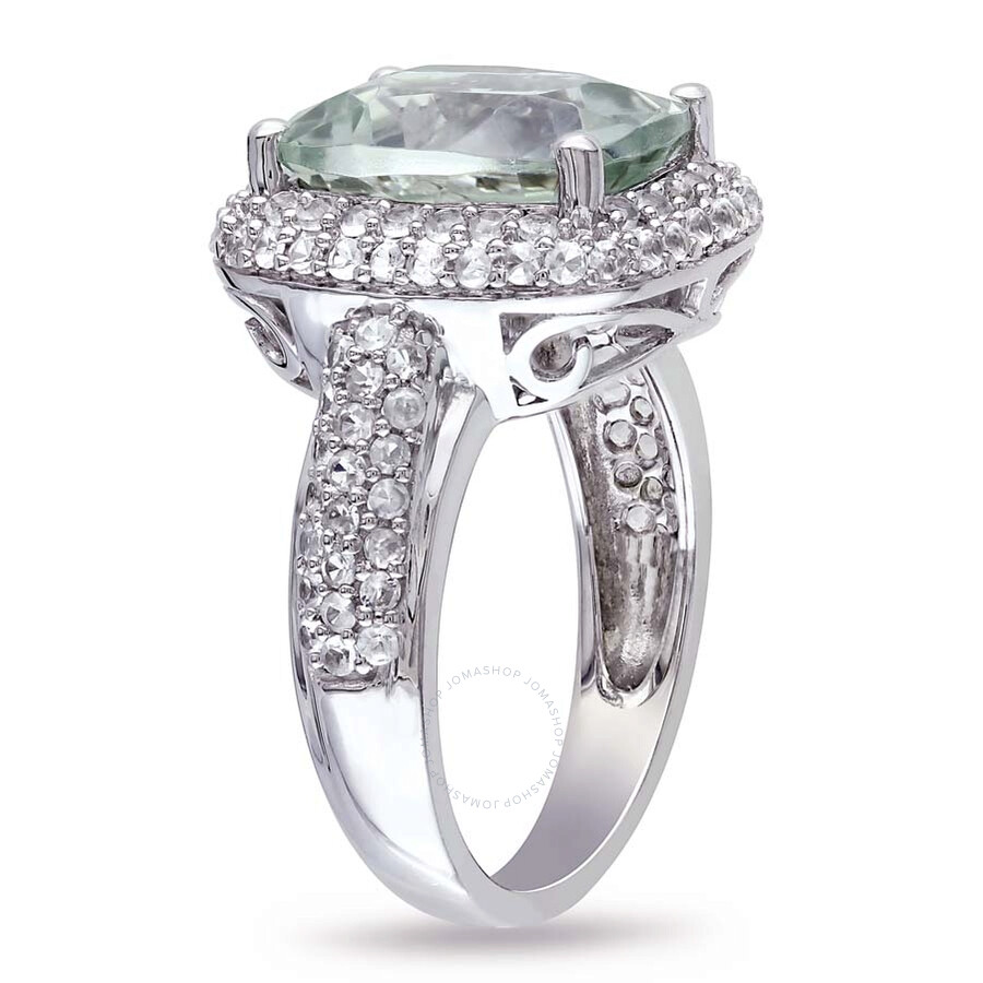 Shop Amour 6ct Tgw Cushion Cut Green Quartz And Created White Sapphire Double Halo Ring In Sterling Silve In Amethyst / Green / Silver / White