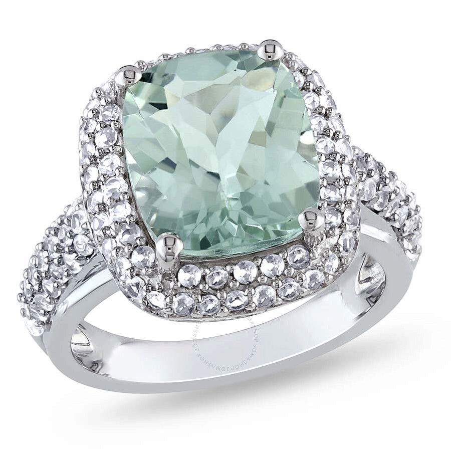 Shop Amour 6ct Tgw Cushion Cut Green Quartz And Created White Sapphire Double Halo Ring In Sterling Silve In Amethyst / Green / Silver / White