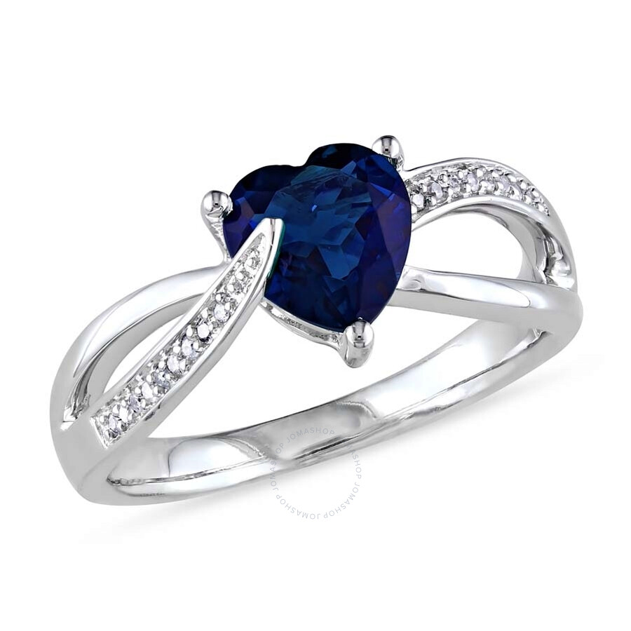 Shop Amour Created Blue Sapphire And Diamond Heart Crossover Ring In Sterling Silver In Blue / Silver / White