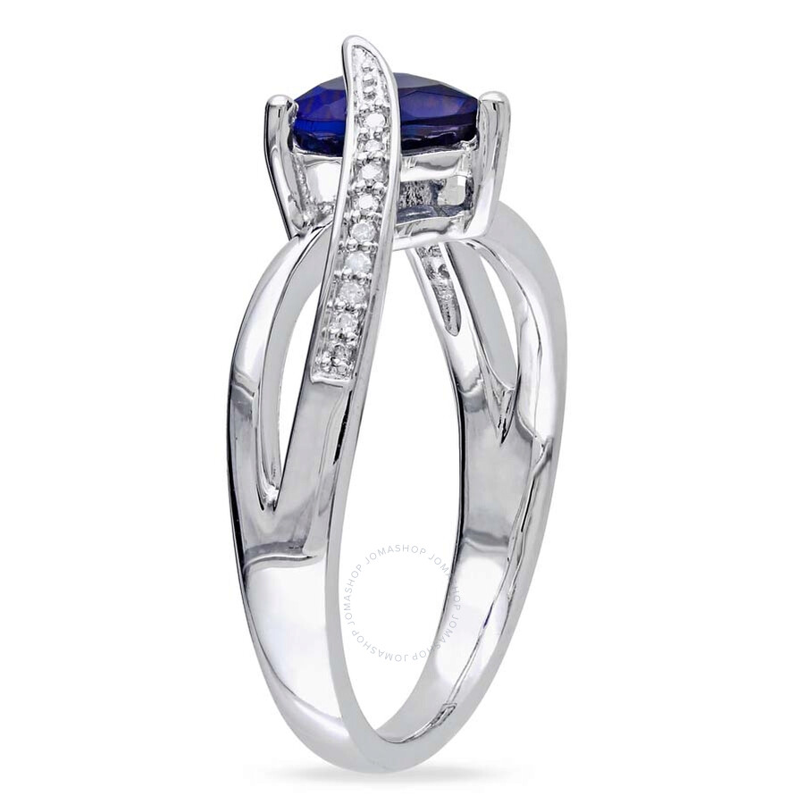 Amour Created Blue Sapphire And Diamond Heart Crossover Ring In Sterling Silver In Blue / Silver / White