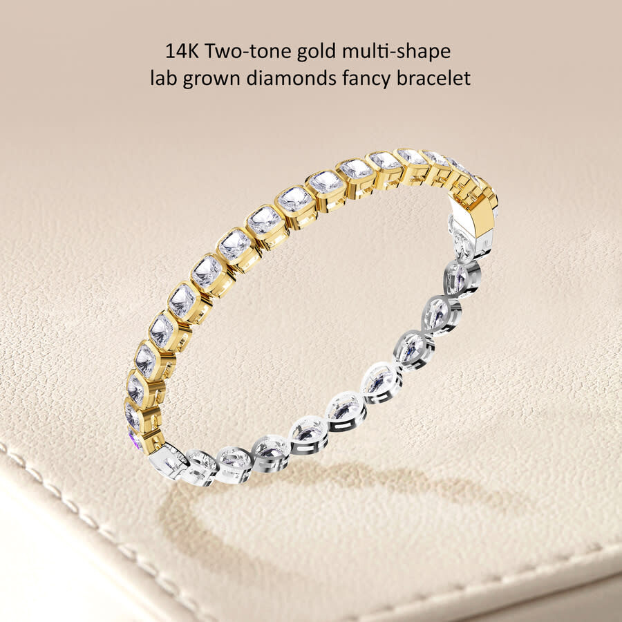 Diamond2deal 14k Two-tone Gold 12.50 Carat Pear & Cushion Cut Lab Grown Diamond Bangle Bracelet 7" V In Multi