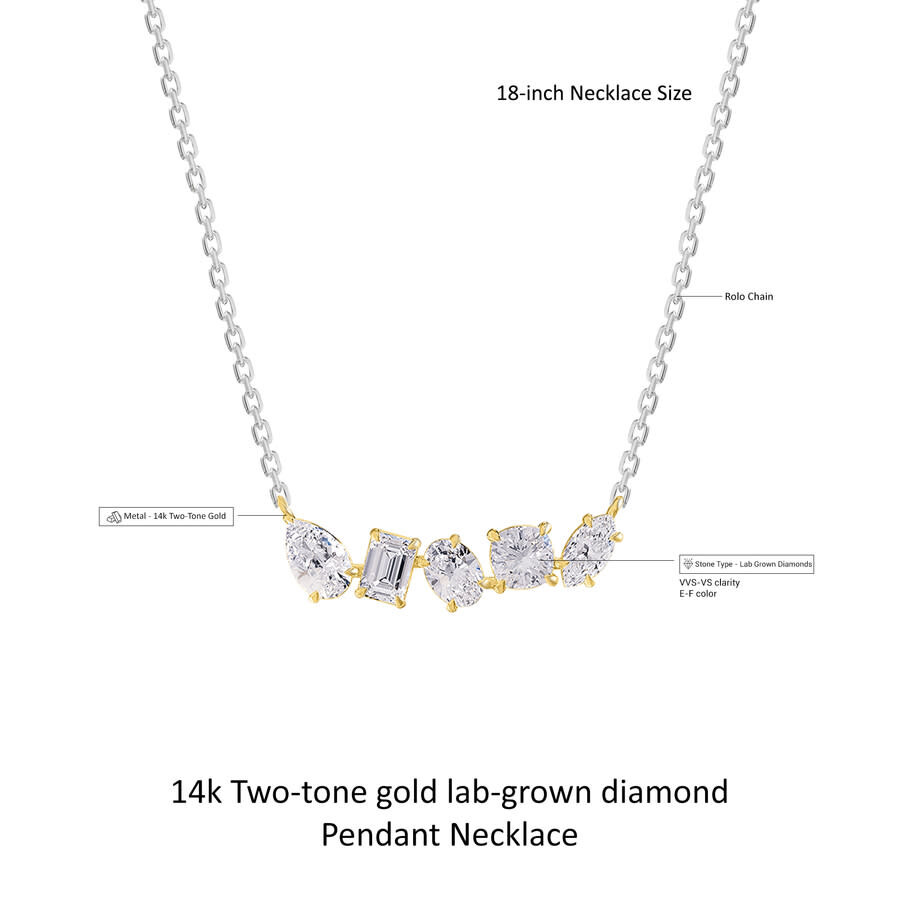 Diamond2deal 14k Two-tone Gold 2 Ct Multi Shape Lab Grown Diamond Pendant Necklace 18" Vvs-vs In Multi
