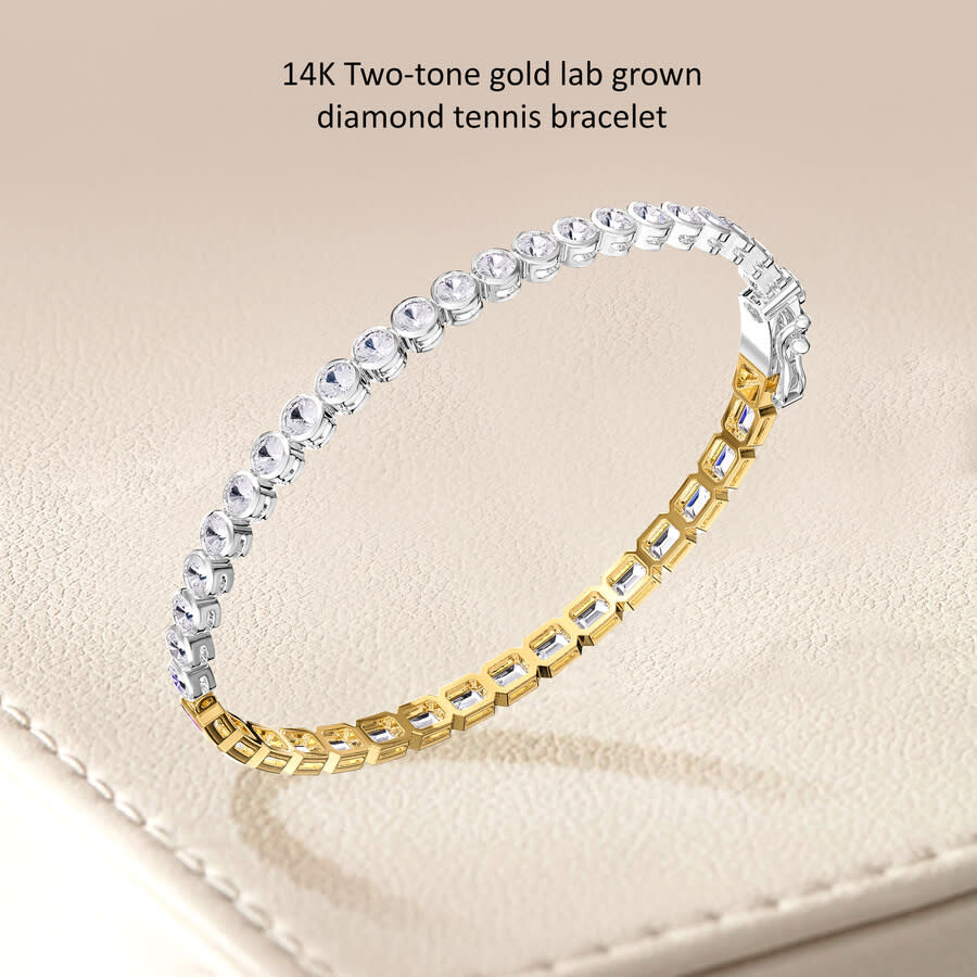 Diamond2deal 14k Two-tone Gold 6.5 Carat Round & Radiant Cut Lab Grown Diamond Bangle Bracelet 7" Vv In Multi
