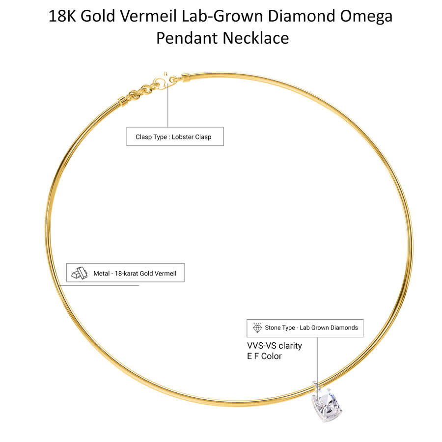 Diamond2deal 18k Vermeil Plated Silver 2 Ct Radiant Cut Lab Grown Diamond Pendant Necklace 18" Vvs-v In Yellow