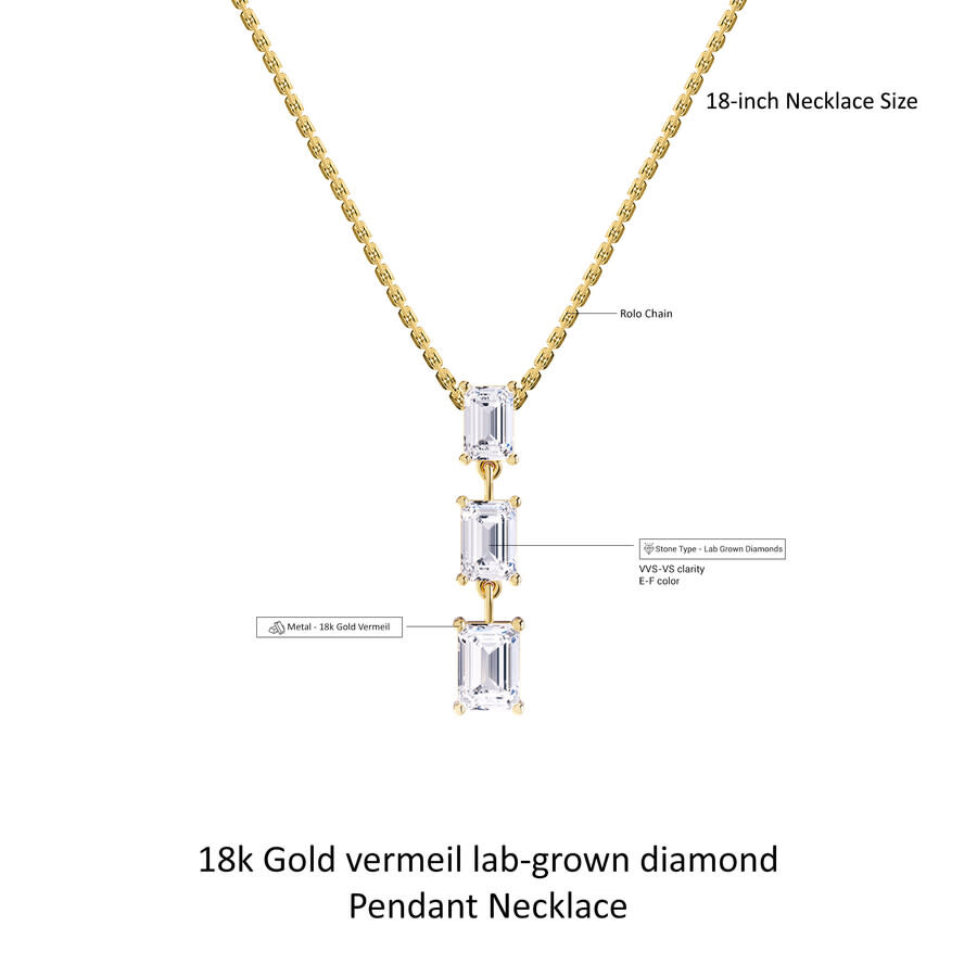 Diamond2deal 18k Vermeil Plated Silver 2.8 Ct Emerald Cut Lab Grown Diamond Pendant Drop Necklace 18 In Yellow