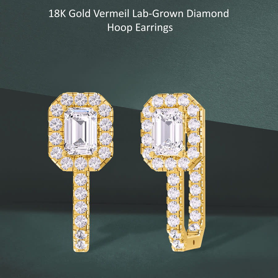 Diamond2deal 18k Vermeil Plated Silver 3.20 Ct Radiant Cut Lab Grown Diamond Hoop Earrings Vvs-vs In Yellow