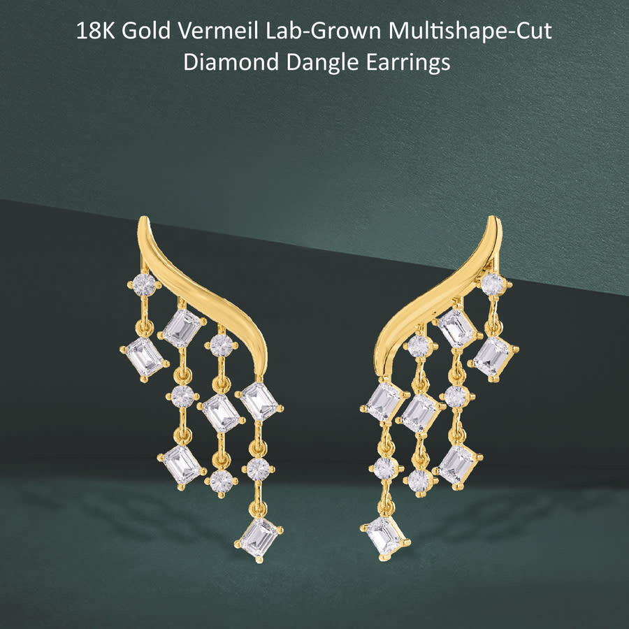 Diamond2deal 18k Vermeil Plated Silver 3.30 Ct Multi Shape Lab Grown Diamond Drop Dangle Earrings Vv In Yellow